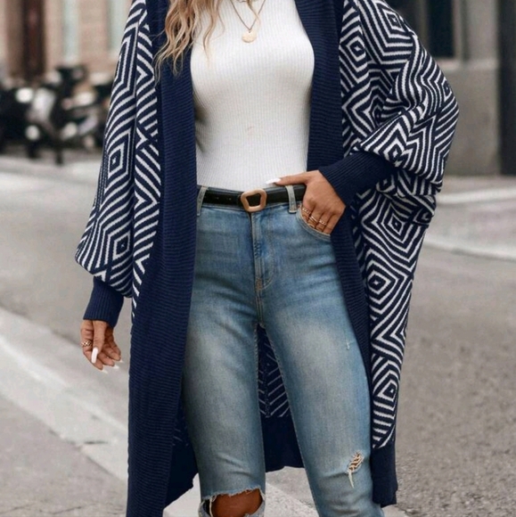 Geometric Pattern Casual Long Sleeve Cardigan, Autumn - Picture 6 of 6